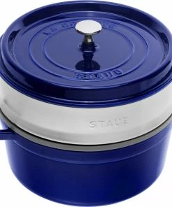Staub Cocotte Rund Aus Gusseisen Mit Dämpfeinsatz In Dunkelblau